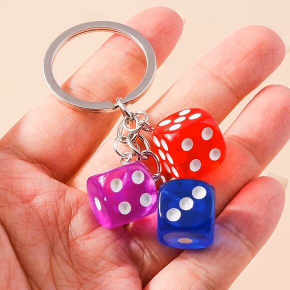 Red, Blue, Purple Lucky Dice Keychain with 3 Dice Charms Fun Novelty Gift - Picture 2 of 6